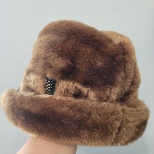 Vintage 1960s 1970s Brown Faux Fur Fedora Bucket Hat Hippie Groovy